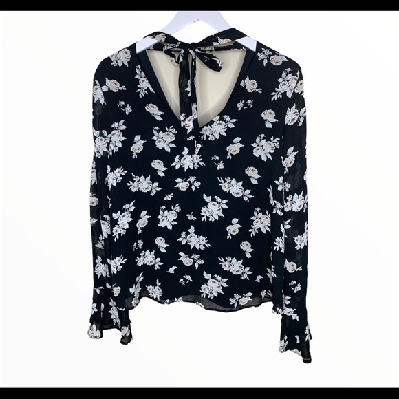 SANCTUARY Anthro Rosie Tie Blouse W Long Bell Style Sleeves Black Floral Size XS - Picture 4 of 13